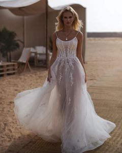 Chic Spaghetti Strap A Line Wedding Dresses Illusion Bohemian Wedding Gown Lace Appliques with Beaded Boho Bridal Dress