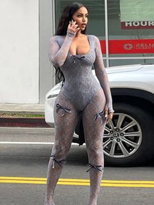 TARUXY See Through Mesh Sexy Jumpsuit Women Bow Splice Long Sleeve Bodycon One Piece Girl Party Sexy Club Overalls For Woman 240529