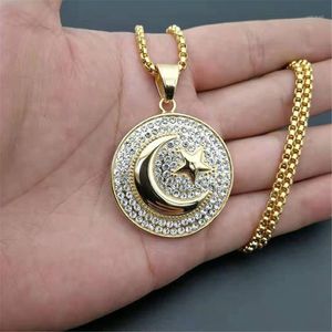 Hip Hop Iced Out Crescent Moon and Star Pendant Rostfritt stål Runda muslimska halsband för kvinnor män Islam smycken dropshipping1 3141