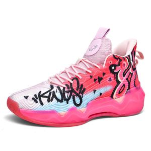 Comic Style Couple Sneakers Mid Top Basketball Trainers Youth Men's Pink Blue Orange Sports Shoes