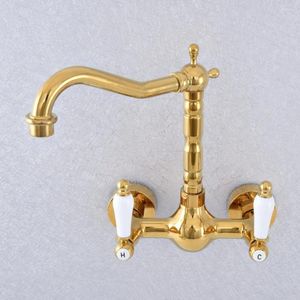 Kitchen Faucets Polished Gold Color Brass Wall Mounted Double Ceramic Handles Bathroom Sink Faucet Mixer Tap Swivel Spout Asf608