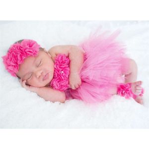 ベビーピンクの花かぎ針編みチュットガールズチュールヘアボウとフットリングセット新生児誕生日パーティーコスチュームドレスl2405