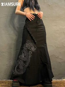 Spódnice iamsure w chińskim stylu Dragon A-line spódnica ciemna koronkowa w połowie spódnice maxi kobiety 2022 Summer Fashion Gothic spódnice Y240528