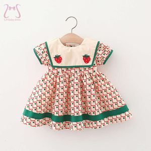 Summer Children's Clothes Simple Plaid Baby Girls Dresses Short Sleeve Kids Fashion Navy Collar 0 to 3 Year Old Toddler Costume L2405 L2405