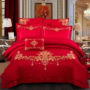 Zestawy pościeli czerwone chińskie hafty ślubne luksus egipski zestaw bawełniany 4pcs Queen King size kołdra okładka