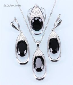 Trendy Big Black stone White Rhinestone Huge Round silver 925 Jewelry Sets For Women Drop Earrings Pendant Necklace Ring207E1608709