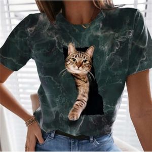 女性のトップデザイナーサマーニュー2024レディース半袖Tシャツかわいい猫3Dプリントレディースウェアストレートヘアcxlz