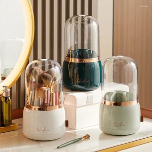 Storage Boxes Ins Makeup Brush Holder With Lid 360° Rotating Organizer Box Dustproof Vanity Lipsticks Eyebrow Pencil Cosmet