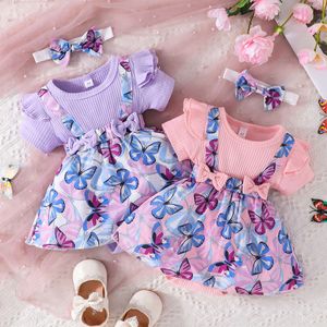 Dress Kids 3 to 18 Months Short Sleeve Purple butterfly Princess Formal Romper Dresses Ootd For Newborn Baby Girl L2405
