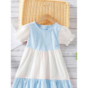 Summer New Product Primary And Secondary School Children, Fresh Palace Style Bubble Sleeve Color Block Dress For Girls