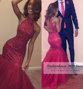 2020 Sparkly Red Mermaid African Prom Dresses High Neck Beading Crystal Tulle Sexy Backless 공식 이브닝 드레스 대회 가운 CUS7275011