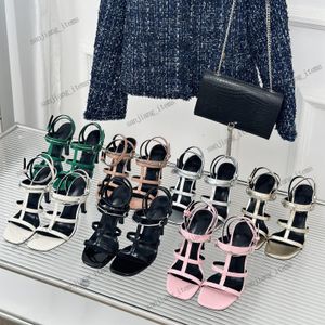 9.5CM Black Caged T Strap High Heel Sandal Women Shoes Ankle Tie Strappy Slingbacks Interlocking G stiletto heels wedding party pump summer slides with silver buckle