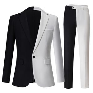 Mode Slim Men's Suit Black White Matching Blazer Pants Suit 2 Piece Set Male Banket Party Tuxedo Performance Costume Singer Host Stage Outfit