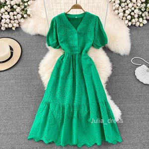 2023 Summer Elegant V-Neck Hook Flower Hollow Waist A Line Dress Elegant Beach Vacation Swing Long Dress