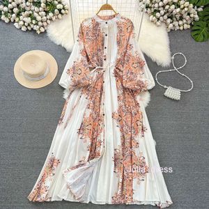 Spring and Autumn Palace Style Lantern Long sleeved Round Neck Waist Single breasted A-line Positioning Printed Dress