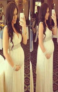 White Maternity Dresses Deep V Neck Floor Length Chiffon Evening Dresses Elegant Formal Prom Dresses For Pregnant Vestido6481336