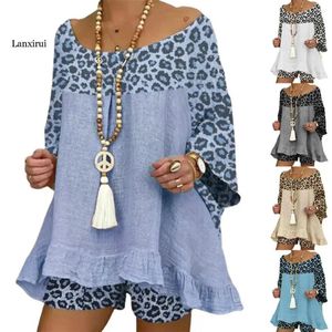 Women's Shorts Summer Casual Women Outfit 3/4 Sleeve Leopard Patchwork O Neck Loose T-shirt For Daily Life