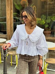 Women's Blouses Elegant Lace Up Shirt Women Fashion Doll Collar Long Sleeve Female T-shirt 2024 Spring Summer Street Solid Casual Loose Lady