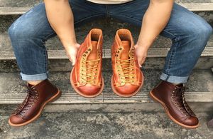 Autumn Winter New Designer Vintage Cow Leather Red Men Shoes Goodyear Welted Dress Men Ankle Boots Wing Work Motorcycle B2282560