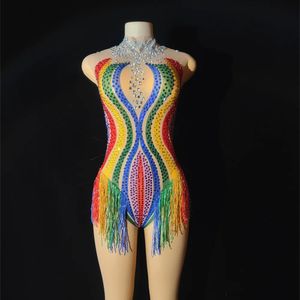 Colorato strass di strass latino danza latina leotard women sexy performance trasparente costume frangia ghiora senza maniche nightclub DJ