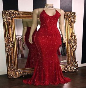 Plus Größe rote Pailletten Meerjungfrau Prom Kleider elegante Spaghetti -Abendkleider 2022 Sexy Rückenless Frauen formelle Partykleid MADE5942426