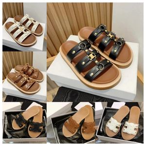 Nya lyxdesigner tofflor Gladiator Mule Sandal Brown Slipper Gift Fashion Women äkta läder Sliders Pool Casual Shoe Slippers Flat Summer Celins Tippi