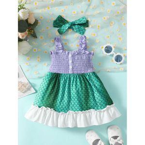 Baby Girl's Cute Outfit with Three Color Patchwork Mermaid Matching Suspender Dress With Hair Straps 2pc Set For Summer L2405