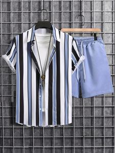 Summer Men Women Shirt Set 3D Print Retro Stripes Short Sleeve Casual Shirt Overdimensionerade Beach Shorts Hawaiian Man passar kläder 240529