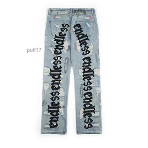 2024 Niekończące się mężczyźni dżinsy Wysokiej jakości hip hop dżinsowe spodnie haftowe złamane do starej dziury streetwear fq1w