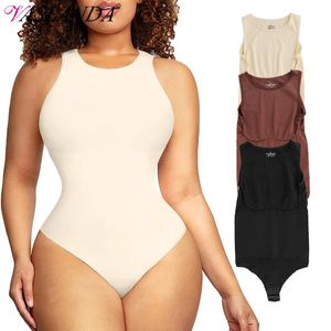 Tank Top Bodysuit Women Seamless Tummy Control Shapewear Sexy Crew Neck Thong Snap Waist Trainer Body Shaper 240521