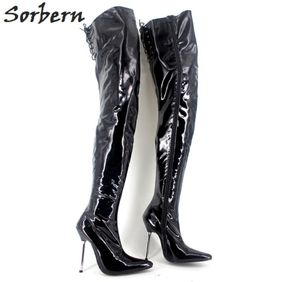 Sorbern Custom Sexy 12cm 금속 발 뒤꿈치 허벅지 하이 부츠가 뾰족한 발가락 댄스 부츠 Unisex High Heels 2018 New Stilettos 34462340859