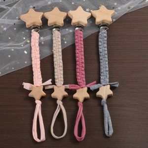 5st Pacify Toys Baby Beech Wood Pentagram PACIFIER CLIP HANDMADE Vävt bomull Soother Nipple Chain för Baby Nursing Teether Chewing Toys Gift