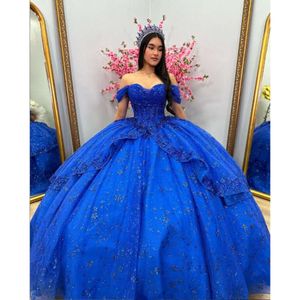 King Blue Sparkly Quinceanera Dresses Off Shoulder Fairy Skirt Applique Sequins De Princesse Bleu Royale Sweet 15 Robe Gown 0531