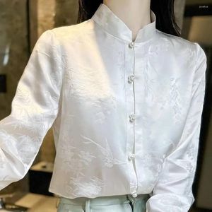 Abbigliamento etnico 2024 in stile cinese Bird di bambù uccello bianco Lady Oriental Top Top Autunno in piedi Han Shirt vintage Tagn Tang Satin