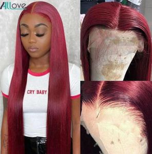 Allove 30 32 Inch 99j Colored Wig Burgundy Color Straight PrePlucked Human Hair Wigs Transparent HD Lace Front Wig Body Wave for 5011354