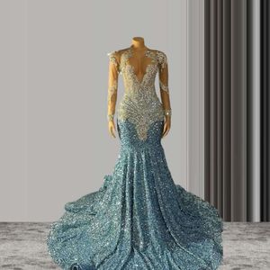 Baby Blue Mermaid Sukienka balowa 2024 dla czarnej dziewczyny błyszczące kryształowe cekiny kryształowe Sheer Mesh Birthday Formal suknia 0531