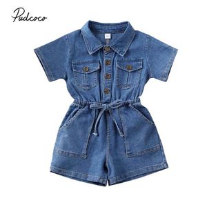 2020 Letnie ubranie maluch dzieciak dziewczynka romper krótki kombinezon solidny niebieski strój dżinsowy jednoczęściowy L2405
