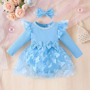 0-18M Baby With Headband Long Sleeve Blue Flower Dress Infant Dresses Bow Floral Mesh for Newborn Birthday Party L2405