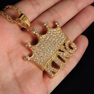 Iced Out Bling Crown Letter KING Pendant Necklace For Men 14K Gold CZ Hip Hop Mens Jewelry