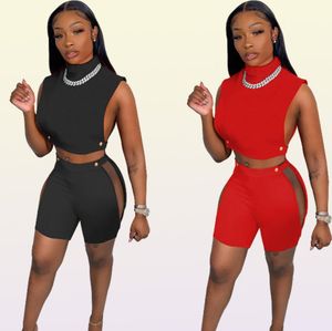 Tracksuits 2022 Summer Women High Neck Sleeveless Casual Two Pieces Set Nightclub Party Hollow Out High Waist Shorts Sexy Solid8711835