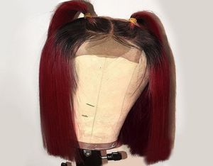 14 tummiddle del kort rak bob full hår peruk svart ombre burgundy röd syntetisk spets front peruk för afro kvinnor4968178