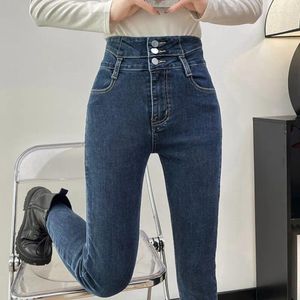 Kvinnors jeans mager utanför bär klassisk östisk hög midja byxor smala blyertsfot denim