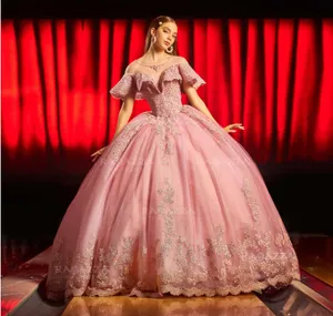 핑크 푸피 멕시코 Quinceanera 드레스 볼 가운 깎아 지른 얇은 명주 그럴리 아플리케이