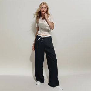 PB ZA Summer Womens Versatile Casual Style Splicing Design Drawstring Straight Ben Wide Pants Byxor 240513