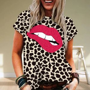 Summer Women Leopard krótkie rękawie Oneck luźna koszulka moda seksowna usta 3d print ladies street plus litere treshirt top 240531