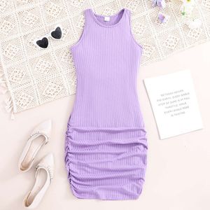 Kids Casual for Girls Clothes Summer 2024 New Children Fashion Bodycon Sundress Sleeveless Purple Mid Vest Dress 7-14Y L2405 L2405