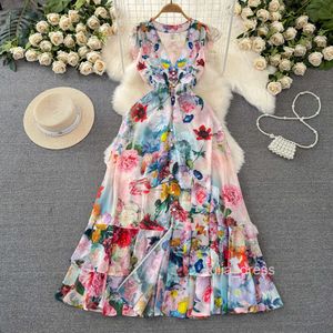 High end light luxury socialite temperament flying sleeves V-neck waistband slimming effect single breasted A-line ruffle edge printed dress