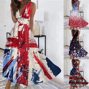 Casual Dresses Sundresses for Women 2024 Spring Summer Elegant Wrap V Neck Sleeveless Maxi Dress Trendy Floral Independence Day Print Flowy Flowy