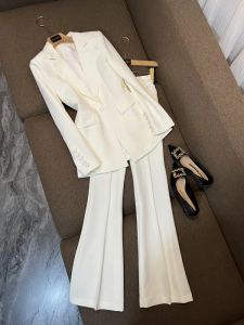Pants 2022 Autumn White / Black Solid Color Two Piece Pants Sets Long Sleeve NotchedLapel SingleButton Blazers Top & High Waist Flare
