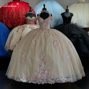 Sweety puffy bollklänning pärlstav blommor quinceanera klänning prinsessor korsettklänningar applikationer spetspärlor vestidos de 15